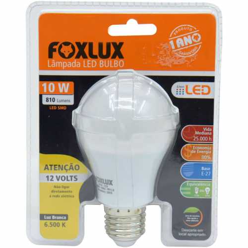 lâmpada led 10w 12V E27 branca 6500k A60 p/ painel solar e emergência R-LED10.12 - Cód: 6914 - Marca: foxlux