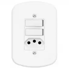 Interruptor 2 teclas simples + tomada 2P+T 10A com placa 4x2 padrão Brasileiro - Cód: 3915 - Marca: Fame
