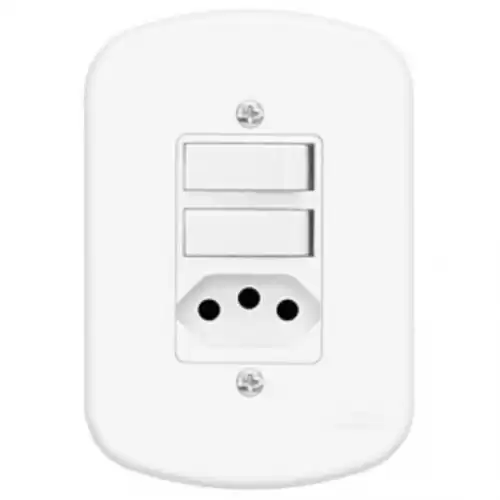 Interruptor 2 teclas paralelas (triway) + tomada 2P+T 10A com placa 4x2 padrão Brasileiro - Cód: 714 - Marca: Fame